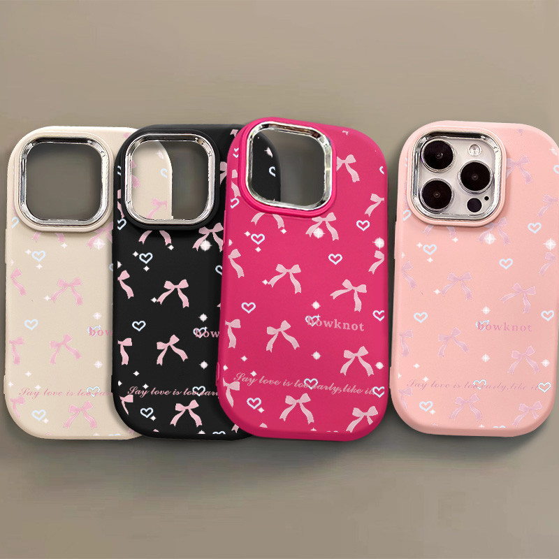 นุ่มกันกระแทกสีชมพูโบว์สําหรับ IPhone 11 15 14 13 12 Pro Max XS Max X XR 7+ 8 Plus ปลอกน่ารัก TPU ฝาครอบป้องกันกล้อง