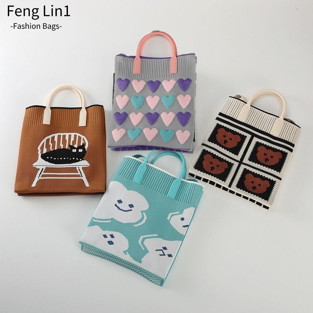 Fengling กระเป๋าถือถัก, กระเป๋าข้อมือผูกปมการ์ตูนถัก, กระเป๋า Tote ความจุขนาดใหญ่ทํามือ นักเรียน