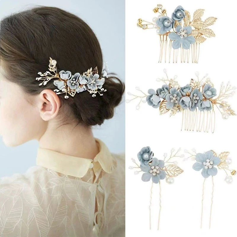 Handmade ดอกไม้ Hairpin Headdress ด้านข้างหวีผู้หญิง Golden Leaf รูปงานแต่งงาน Headpiece
