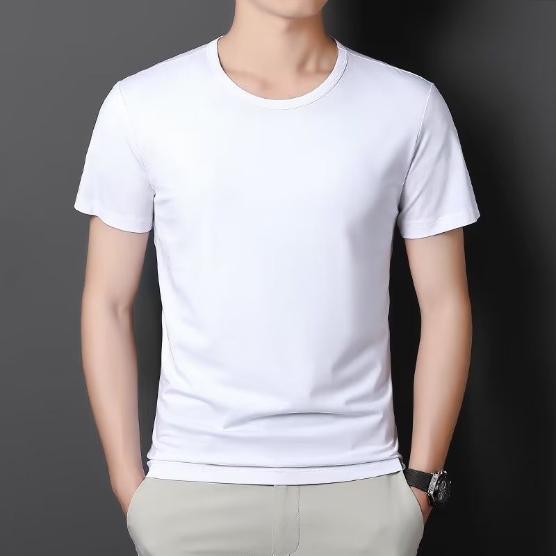 ผ้าไหมน้ําแข็งครึ่งแขนเสื้อยืดผู้ชายฤดูร้อนบางระดับไฮเอนด์สีทึบความรู้สึกเย็นครึ่ง @-