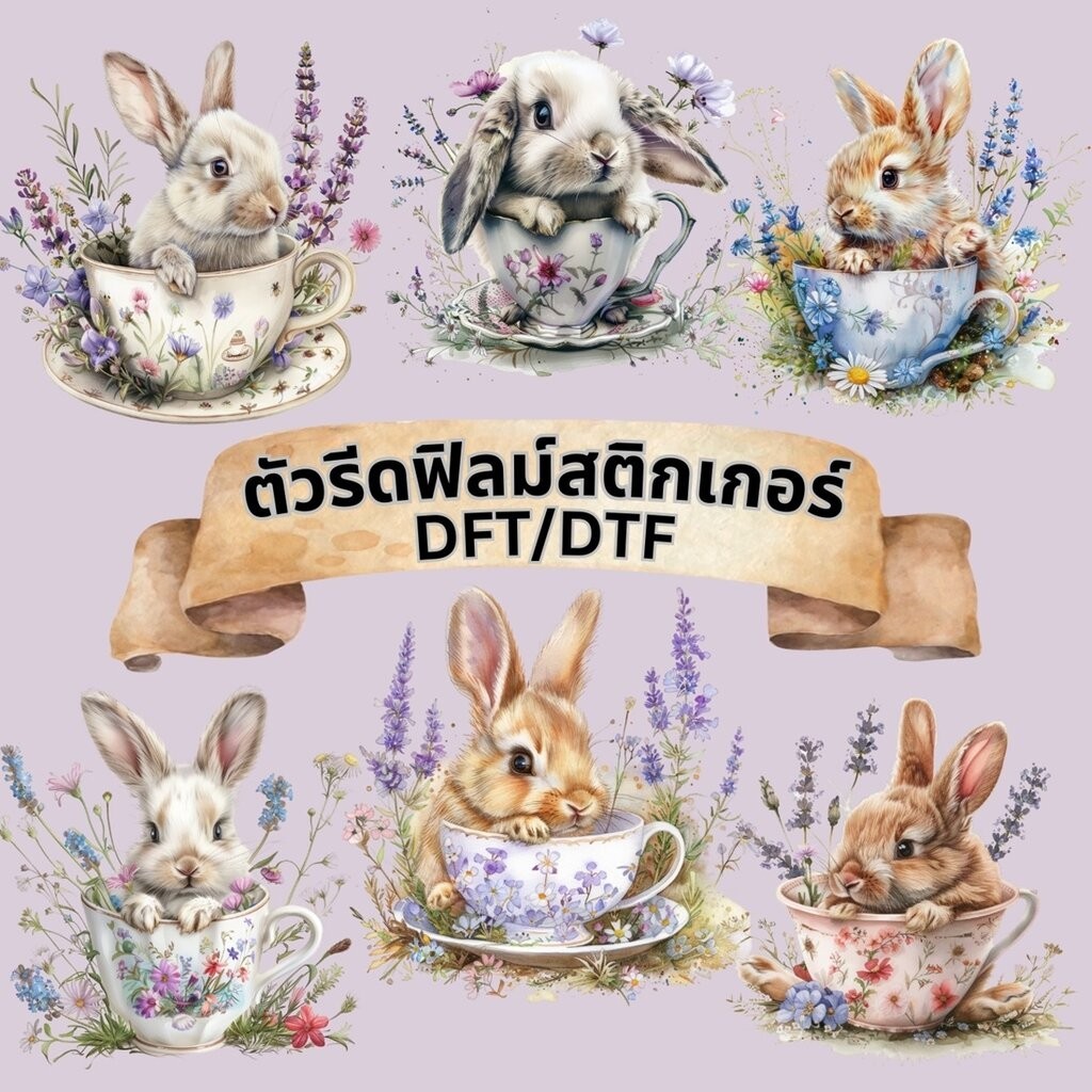 ตัวรีดติดเสื้อ กระต่าย ดอกไม้ สติกเกอร์ ฟิลม์รีดร้อน พิมพ์ลาย สกรีนลาย ฟิลม์ DFT DTF
