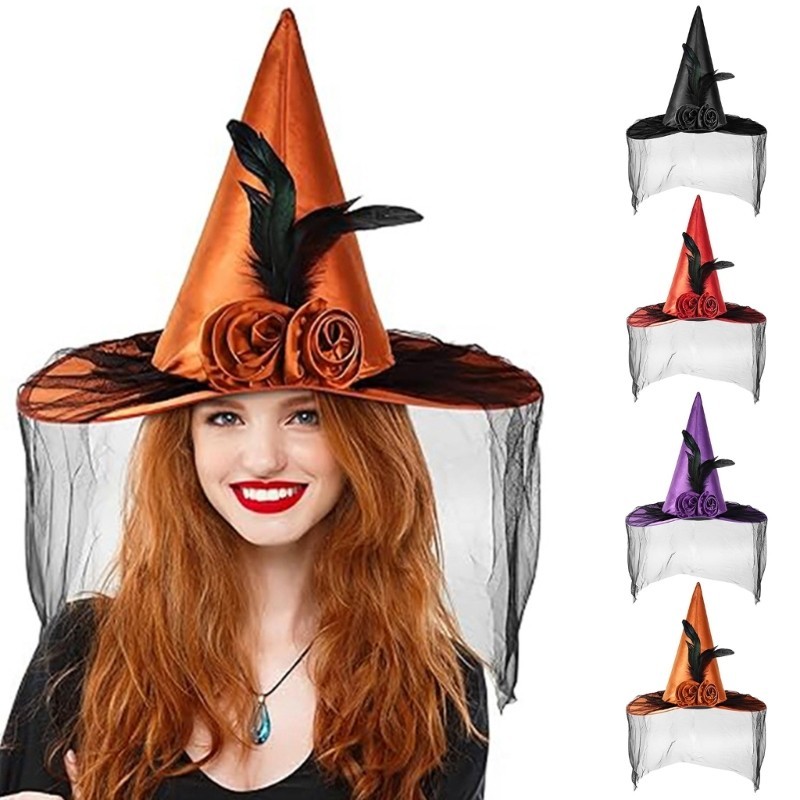 Mya Teen Halloween Witch Hat Masquerades Wizard Hat with Black Veil Applique