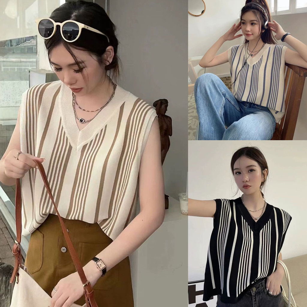 Dahong A124 เสื้อกั๊กไหมพรมแขนกุดลายทาง หน้าวี แฟชั่นสไตล์เกาหลี