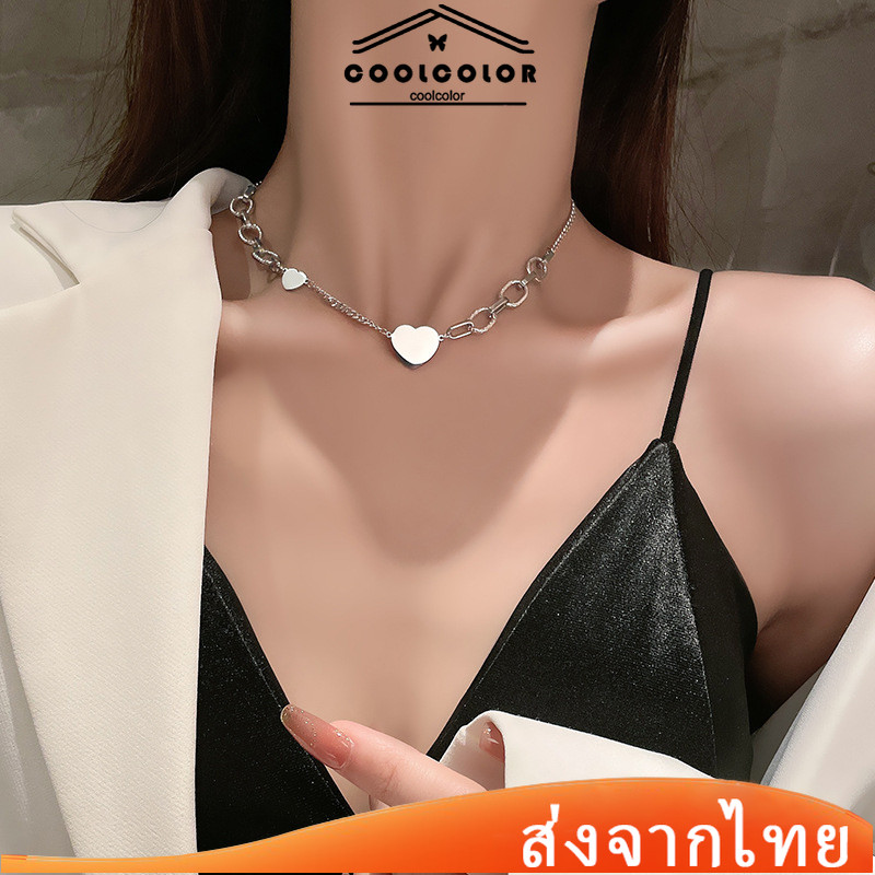 ในไทย💖สร้อยคอโซ่ จี้รูปหัวใจ สไตล์ฮิปฮอป พังก์ ปรับขนาด Insสไตล์ยุโรป แฟชั่นโซ่ไหปลาร้า ไม่ตกสี.COD