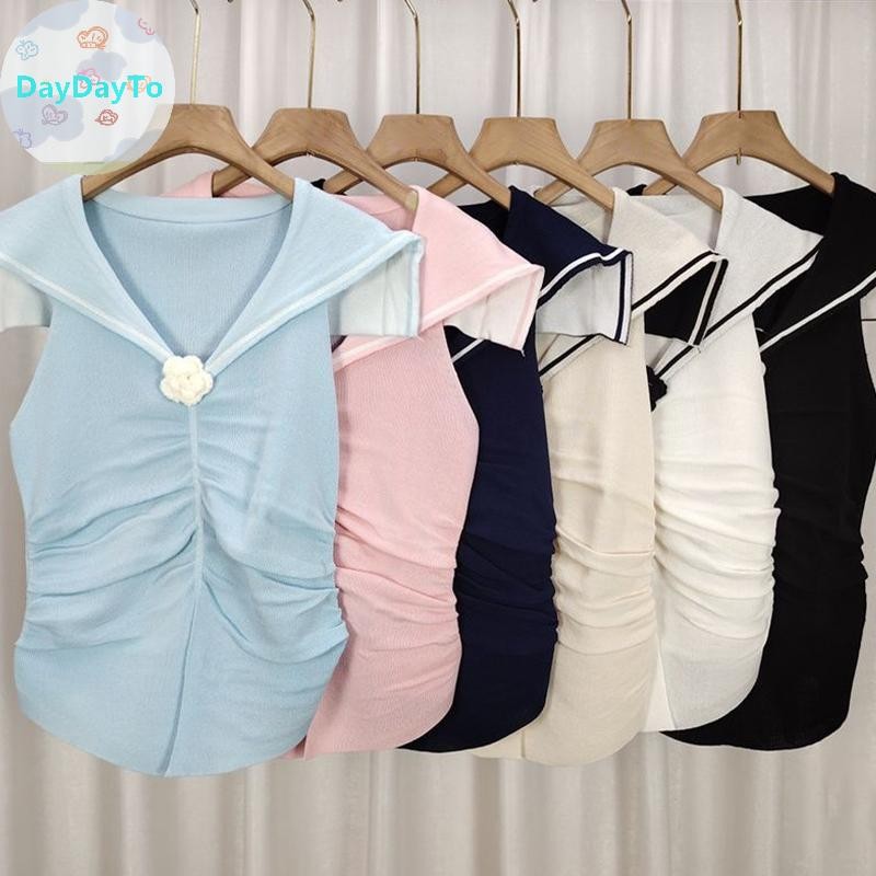 Daydayto เกาหลีแฟชั่นกองทัพเรือคอปกถัก Camisole ผู้หญิงจีบ Chic 3D ดอกไม้แขนกุด Slim Tank Top TH