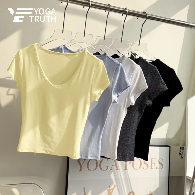 YOGATRUTHSports Top คอวีกระชับสัดส่วนแขนสั้นเป็นมิตรกับผิววิ่งขี่จักรยาน