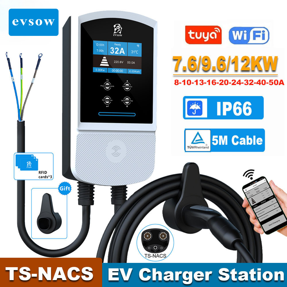 Evsow TS-NACS EV Charger 12KW 50A ไฟฟ้ารถ Charger Station APP ควบคุม 7.6KW NACS EVSE Wallbox แบบพกพา