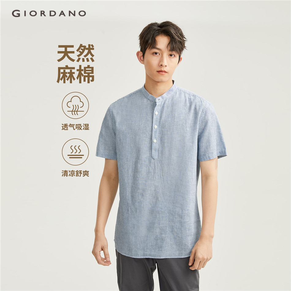 GIORDANO MEN Linen cotton mandarin collar short sleeve shirt 01045481