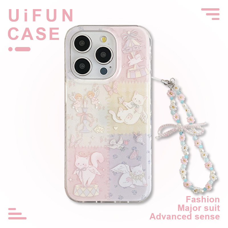 Dream Cupid Cat โทรศัพท์มือถือกรณีสําหรับ iPhone 16 15 14 13 Pro Max พร้อม Bowknot ดอกไม้ Chain IMD Shock ทนปลอกปกหลัง
