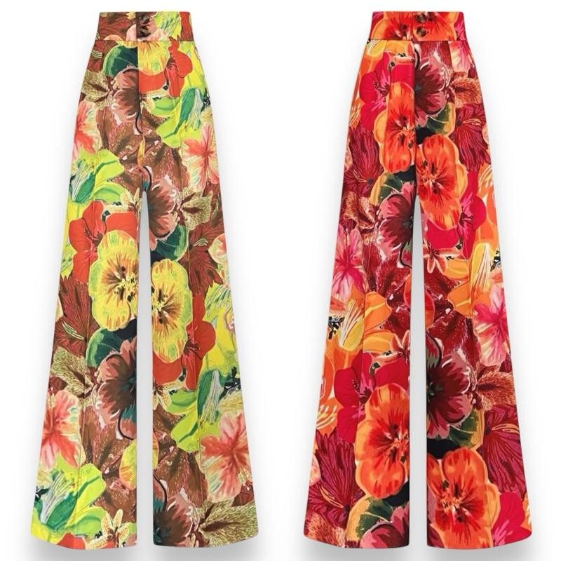 กางเกงขายาวเอวสูง ทรงกระบอก ผู้หญิง พิมพ์ลายดอกไม้ ผ้าโพลีเอสเตอร์ ใส่สบาย สีสวย รุ่น IR094