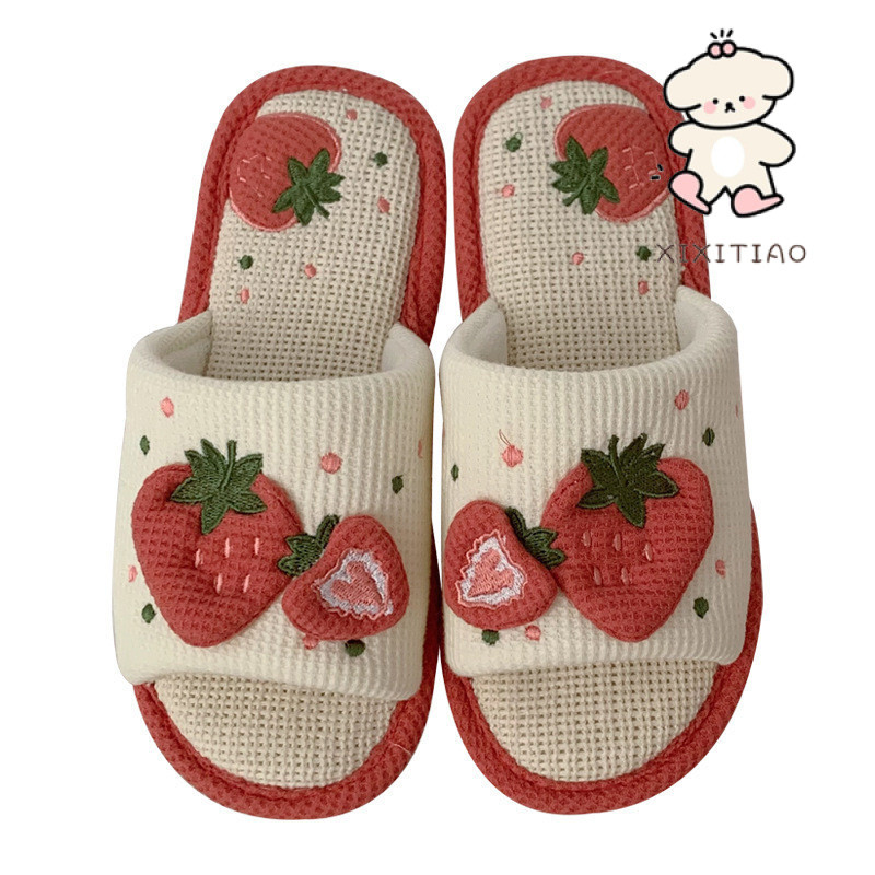 Xixitiao Hemp รองเท ้ าแตะ Four Seasons Sweet Strawberry Soft Sole Home Mute Flat Sole หญิง