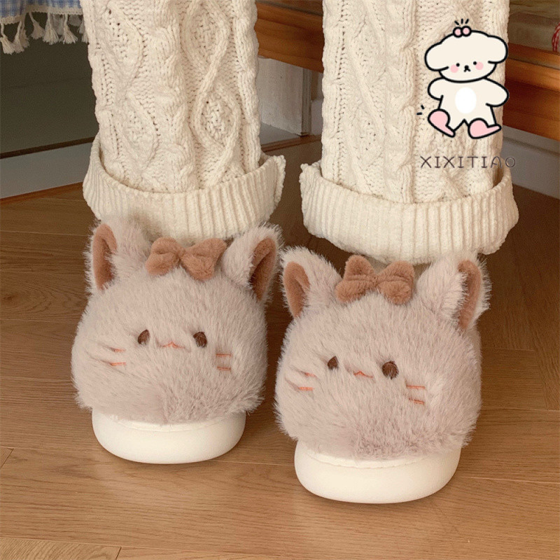 Xixitiao รองเท ้ าแตะผู ้ หญิง Warm Home ในร ่ ม Plush Soft Sole น ่ ารัก Kitty สบาย