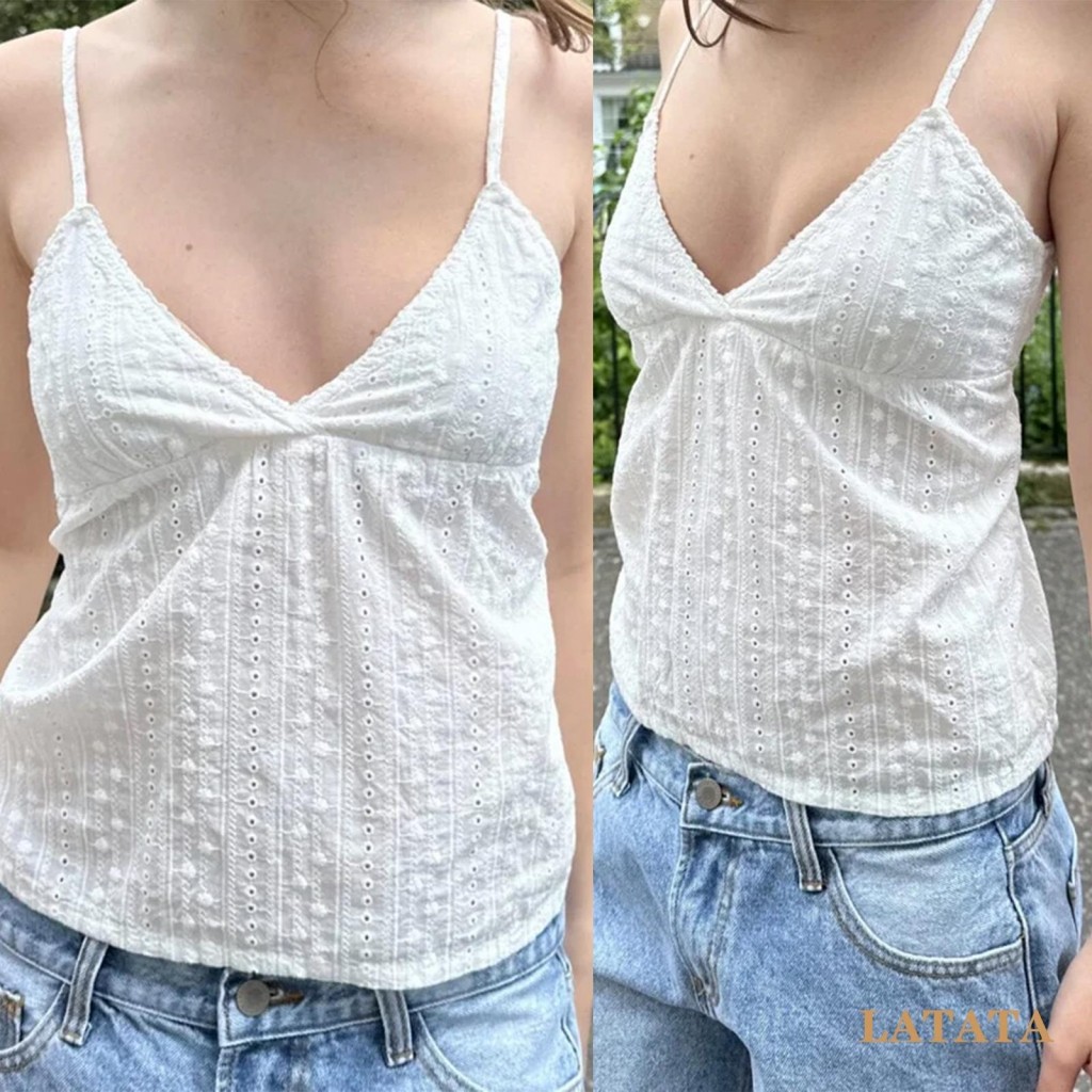Latata -เสื้อสายเดี่ยวไหมพรมสําหรับผู้หญิงฤดูร้อนแขนกุดสีขาวเปิดหลังคอวีเสื้อกล้ามลําลอง