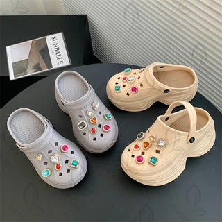 SUNBALEE 🧸 SUNG96 รองเท้าหัวโต แถม jibbitz รองเท้าเสริมส้น สูง 8 เซน สีพื้น แบบสวม สินค้าพร้อมส่ง