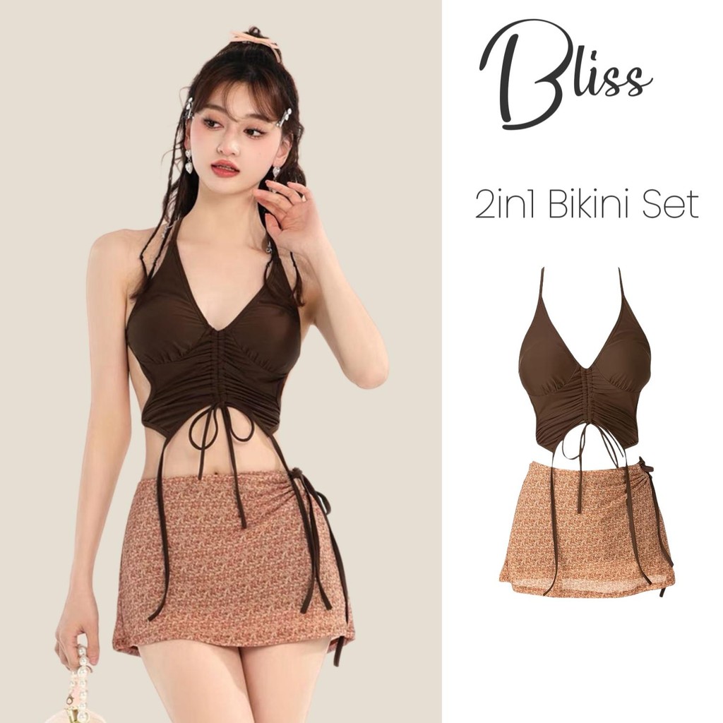 BLISS Maillard 2in1 ชุดบิกินี่ ชุดว่ายน้ำแฟชั่น Halter Neck สีน้ำตาล มาพร้อมกระโปรง
