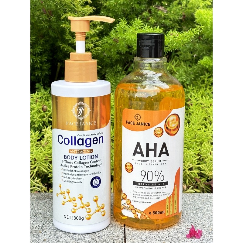 AHA Body Serum 90% Vitamin C สาระสำคัญ 500ml+ FACE JANICEโลชั่นคอลลาเจนทองคำ โลชั่นผิวขาว300ml