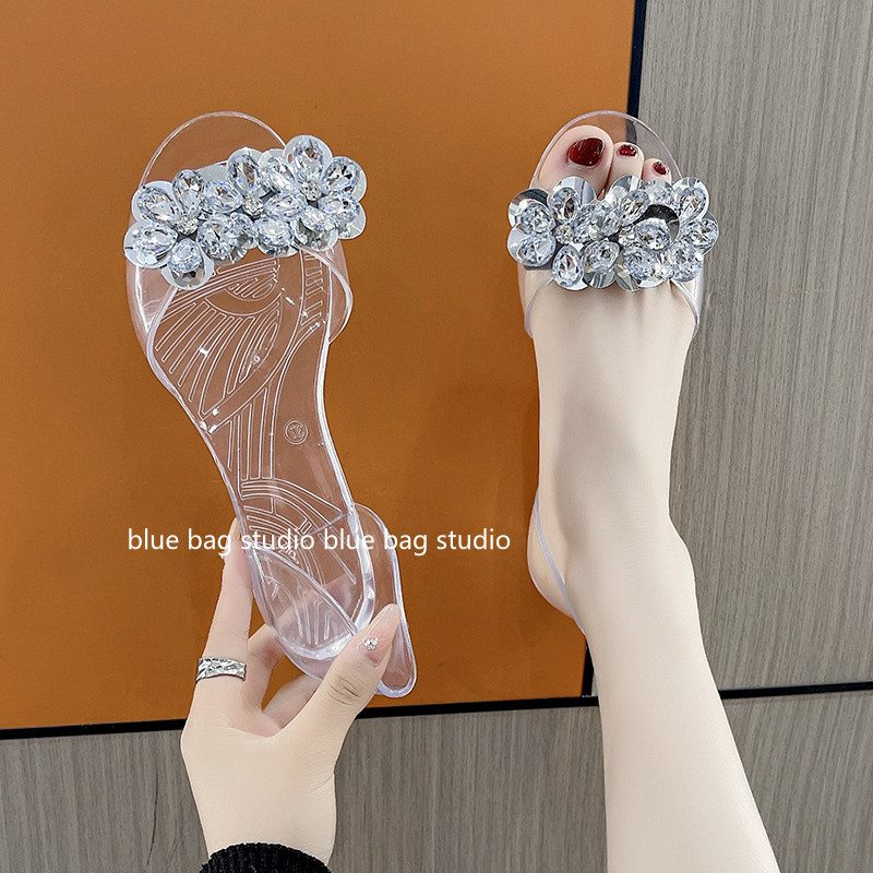 Bingbing Sparkling Sequined Jelly Shoes~ผู้หญิงฤดูร้อนคริสตัลส้นแบนส้นแบนรองเท้าแตะด้านนอกโปร่งใส
