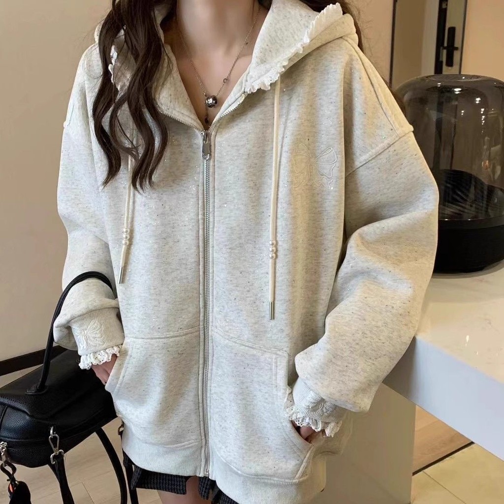 ผู้หญิงโบว์ออกแบบ ชม. เสื้อฮู้ด ลูกไม้มุกหลวมสบายๆซิปคาร์ดิแกน - รูปที่ 3