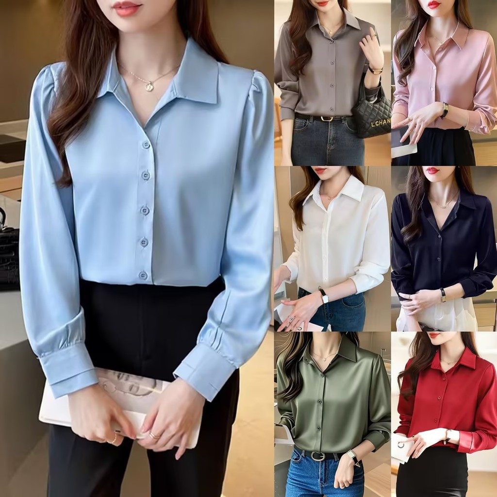 เสื้อเบลาส์สําหรับผู้หญิงเกาหลีหลวมแขนยาวด้านบนเสื้อย้อนยุคพื้นฐานชุดทุกวันทุกการแข่งขัน