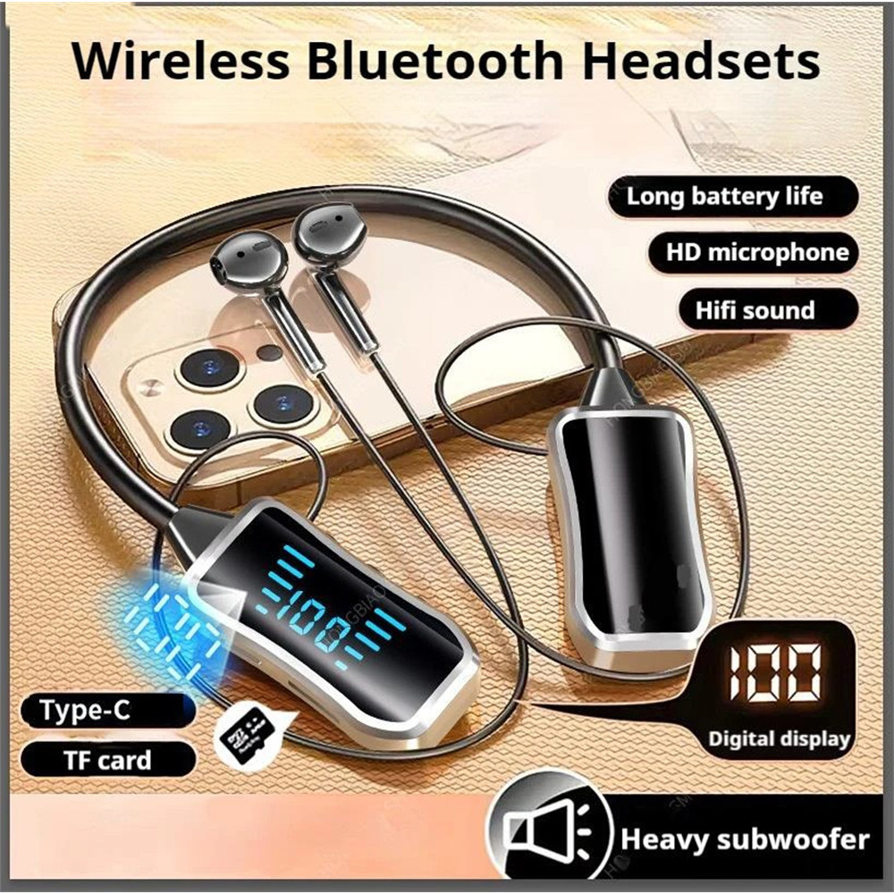 Bonine หูฟังแบบคล้องคอ Super Power LED ชุดหูฟังบลูทูธไร้สาย Magnetic HIFI หูฟังสเตอริโอกันน้ําลดเสียงรบกวน