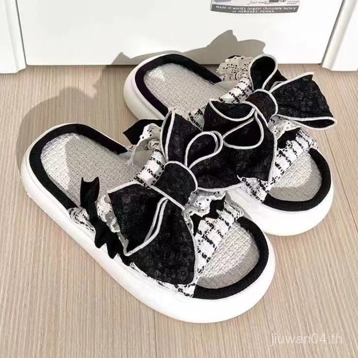 ผลิตภัณฑ์ใหม่ [ฟังก์ชันทนทาน] รองเท้าแตะผ้าลินินสไตล์เกาหลี โบว์ Chanel น่ารัก สไตล์เจ้าหญิงอินเทอร์