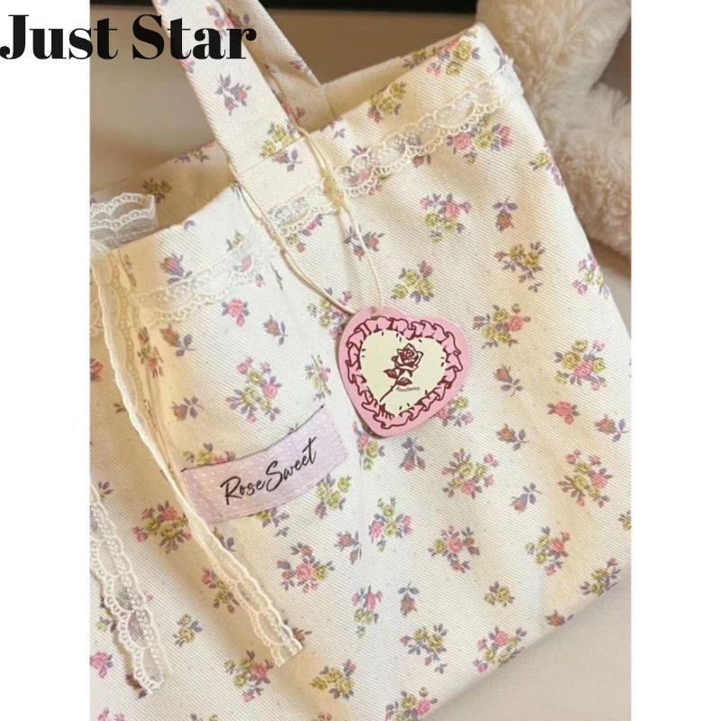 Juststar กระเป๋าผ้าแคนวาสสไตล์เกาหลีความจุขนาดใหญ่กระเป๋าถือลายดอกไม้สไตล์โมริกระเป๋าสะพายพร็อพดอกไม้
