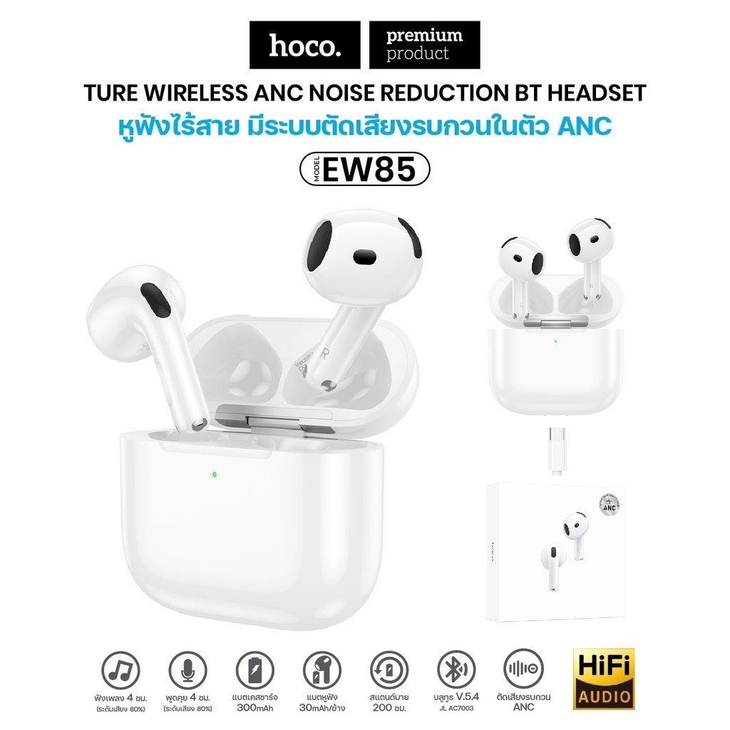 หูฟังบลูทูธไร้สาย HOCO EW85 บลูทูธ 5.4 ตัดเสียงรบกวน ANC ใช้งานนาน 4 ชม. ความจุ 300mAh