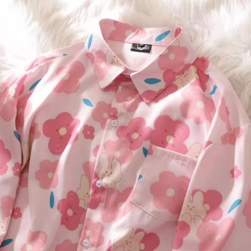 ผู้ชายผู้หญิงสไตล์เดียวกันดอกไม้อินเทรนด์น่ารักเยาวชนยอดนิยมแขนสั้น