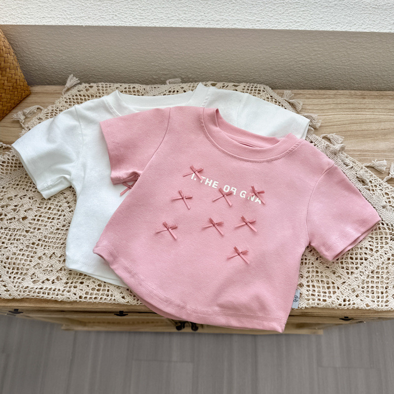 [BXH] 90-140เซนติเมตรสาวฤดูร้อนแขนสั้น,เวอร์ชั่นเกาหลีโบว์แฟชั่นเสื้อยืด,ฤดูร้อนสาวเสื้อผ้า