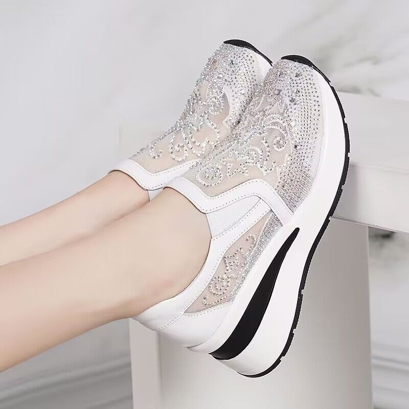 สไตล์ใหม่ของแท้หนังปัก Wedge Heel รองเท้าตาข่ายระบายอากาศ Rhinestone แพลตฟอร์มหนา Soled Casual แฟชั่นห้างสรรพสินค้า Sa