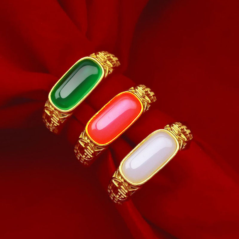 Vintage Ruby Design Ring 24K Gold Plated Green Jade Ring ข้อเสนอแหวน 916 Emas Bangkok Cincin