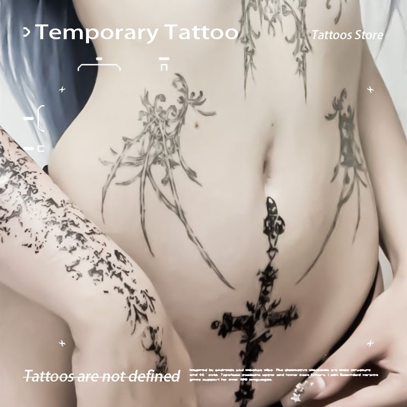 ✨Gothic Dark Cross สมุนไพรน้ําผลไม้ Tattoo สติกเกอร์ Body Lasting กันน้ํา Tattoo