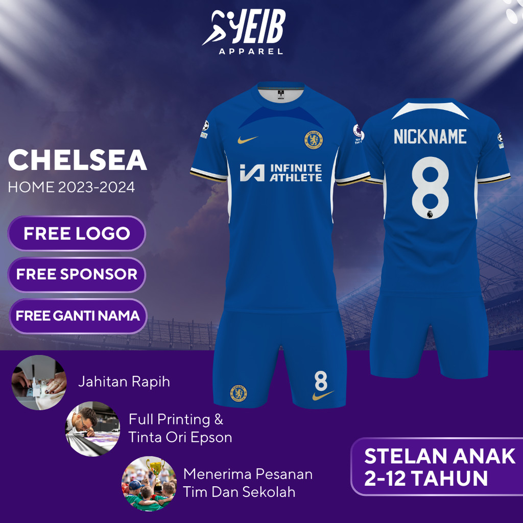 CHELS3A HOMEE KIDS FOOTBALL JERSEY 2023 2024 UEFA LEAGUE FULL PRINTING PREMIUM QUALITY ฟรีชื่อและโลโ