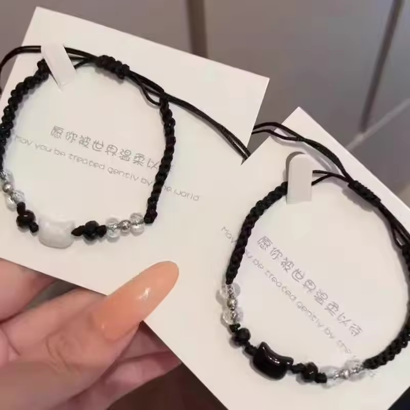 Minimalist Moonstone สีดําสีขาวแมวสร้อยข้อมือ Handmade น่ารักลูกแมวคู่สร้อยข้อมือเครื่องประดับของขวัญ