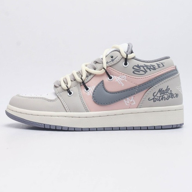รองเท้าผ้าใบ Nike Air Jordan 1 แบบต่ำ สีเทา แบบต่ำ สีชมพู