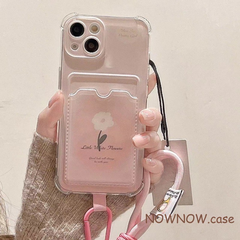 เคสโทรศัพท์มือถือ แบบนิ่ม ลายดอกไม้น่ารัก สีชมพู พร้อมสายคล้อง และช่องใส่บัตร สําหรับ iPhone 15 14 13 12 11 Pro MAX X XR XS MAX 7 8 Plus
