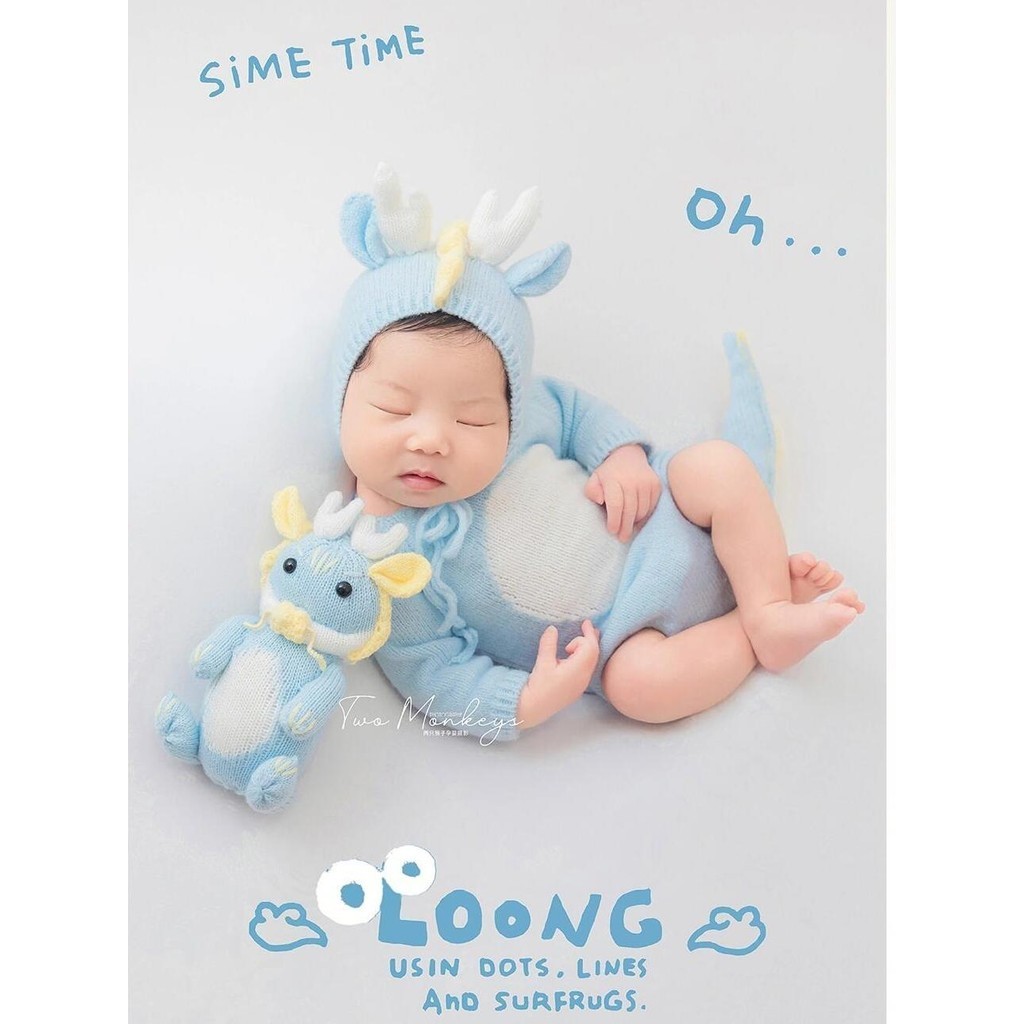 เครื่องแต่งกายภาพทารกแรกเกิด Blue Dragon Baby Full Month Photo Confinement Photo Costume Baby Going to the House Photo Props