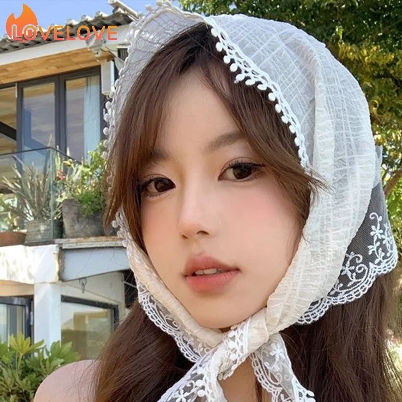 Y2k INS Bandana ลูกไม้ วินเทจ สามเหลี่ยม ผ้าพันคอ สีพื้น ผ้าพันคอ เทรนด์หรูหรา สําหรับผู้หญิง เด็กผู้หญิง