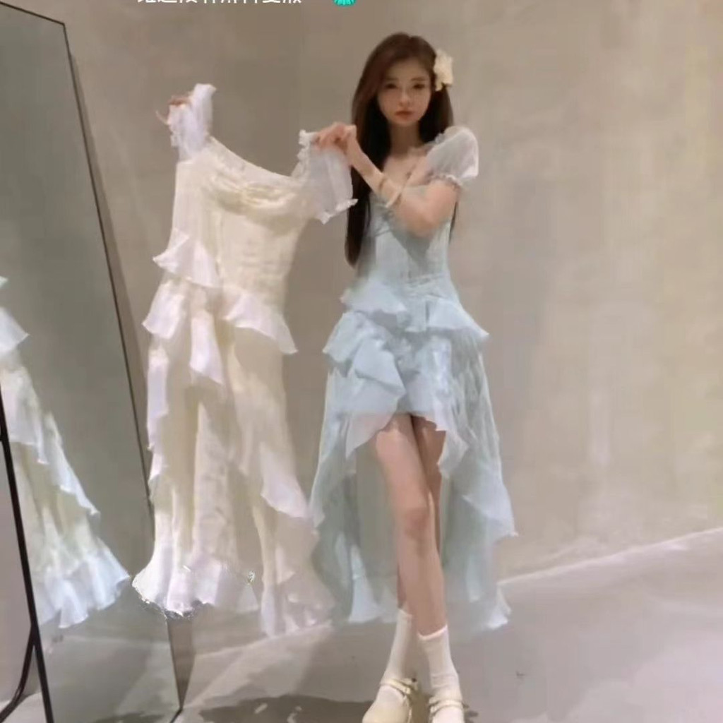 ส่งจากกรุงเทพฯ ฝรั่งเศส ฤดูร้อน แขนบิน ชุดเดรส หญิง กระโปรงหน้าสั้นและหลังยาวไม่สม่ำเสมอ