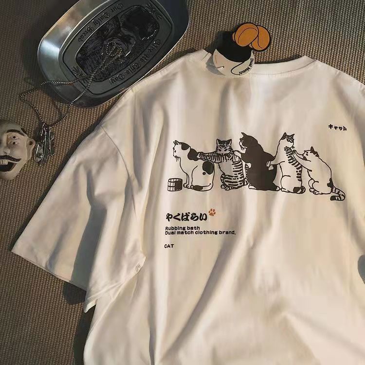 （จัดส่งตลอด 24 ชั่วโมง）Woo Right แบบสั้นหลวมสบายๆใส่ได้ทั้งชายและหญิงเสื้อยืดรัดรูปไซส์ใหญ่ลายแมว HY
