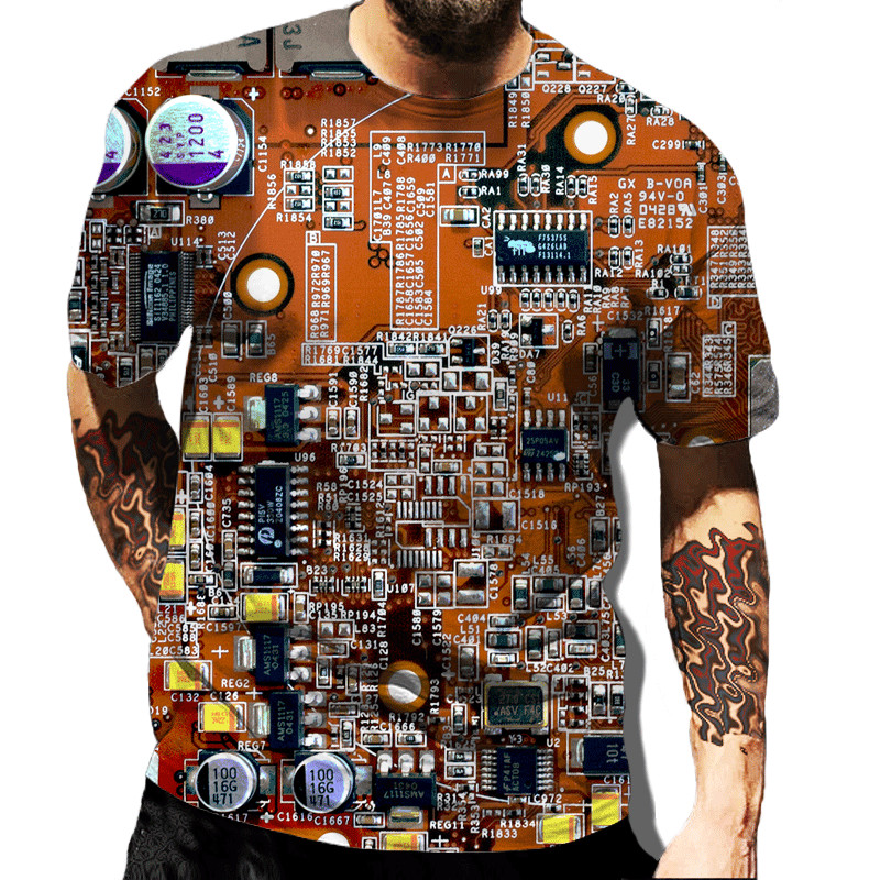 แฟชั่นฤดูร้อนใหม่อิเล็กทรอนิกส์三维พิมพ์เย็นแผงวงจรผู้ชายเสื้อยืด,ฮาราจูกุถนนแจ็คเก็ตขนาดใหญ่แขนสั้น