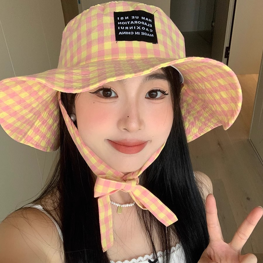 หมวกชาวประมง ลายสก๊อต ผูกเชือก ฤดูร้อน สไตล์ญี่ปุ่น ย้อนยุค ปีกกว้าง หมวกบังแดด สําหรับผู้หญิง