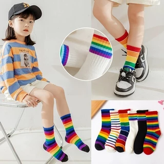 ถุงเท้าเด็ก แถบสีรุ้ง ข้อกลาง สำหรับอายุ 1-8ขวบ พร้อมส่งจากไทย