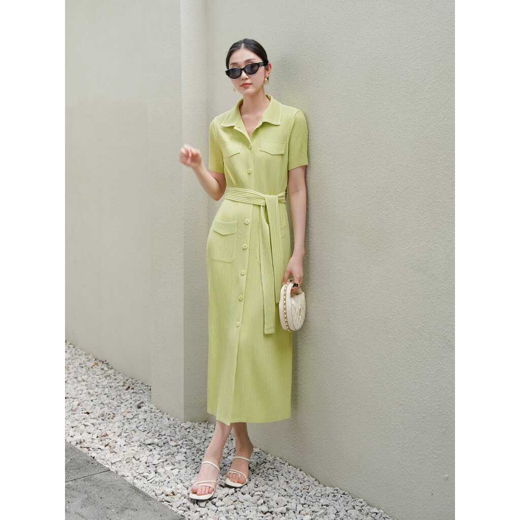 2MUAY รุ่น GJO5305 เดรสพลีทคุณภาพ THICK COLLAR BUTTON FRONT PLEATED DRESS 10 สี FREE SIZE