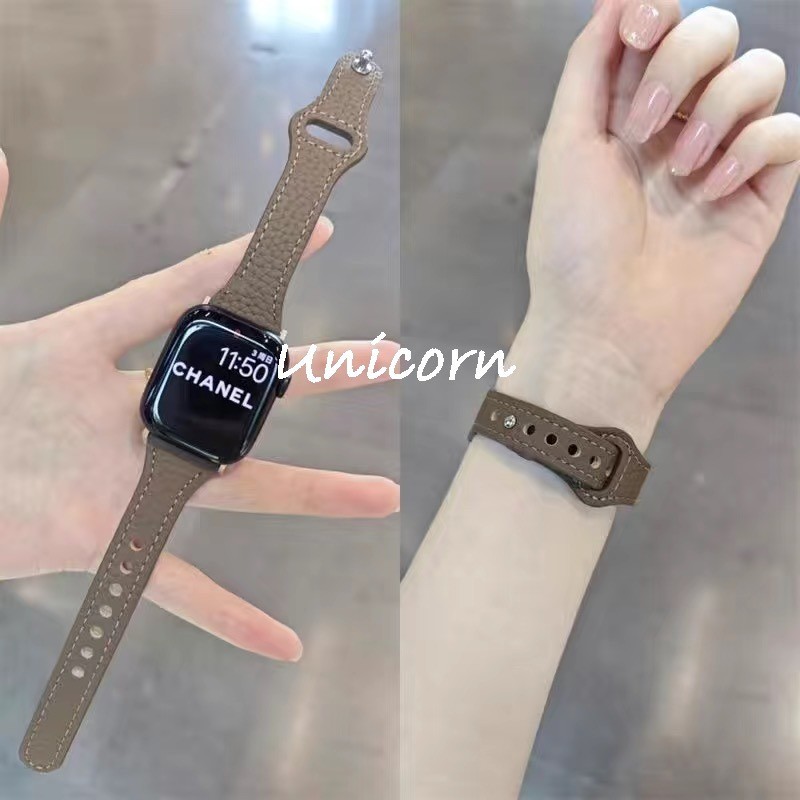 พร้อมสต็อกSlim สายหนังสําหรับ AW Watch 9 8 Band 40 มม.41 มม.38 มม.สําหรับ IWatch 7 6 5 4 3 SE เปลี่ยนสายรัดข้อมือ 42 มม.44 มม.45 M Ultra 49 มม.