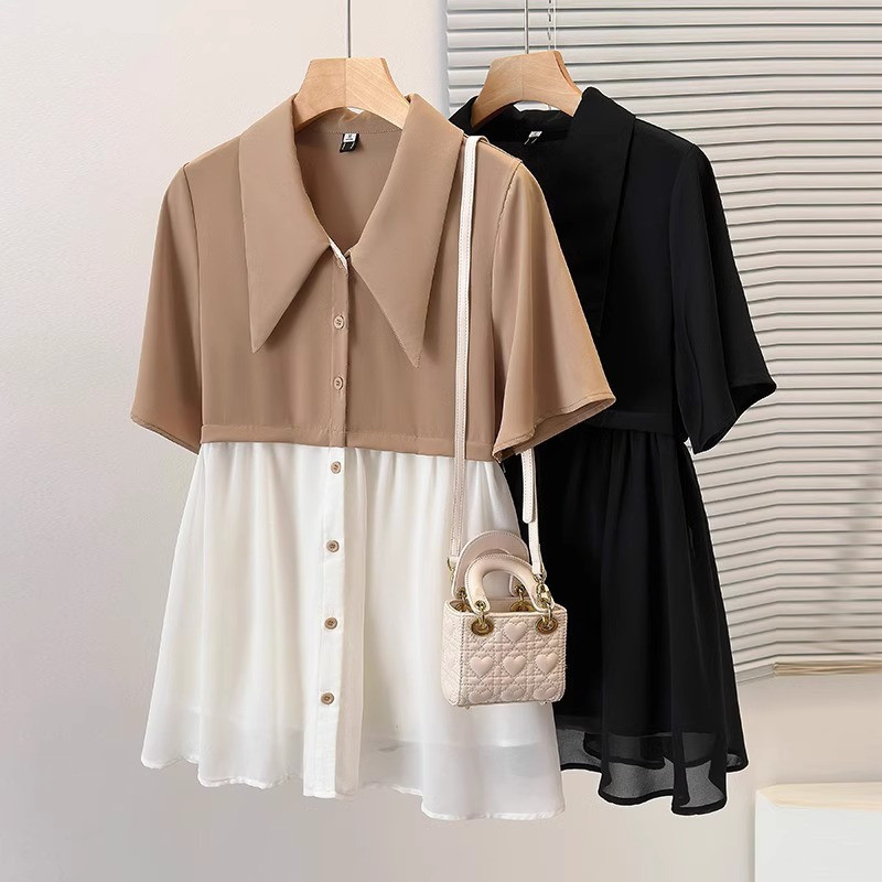 Original Workmanship เสื้อผ้าผู้หญิงขนาดบวกฤดูร้อนไขมันมม.การออกแบบแฟชั่นความรู้สึกเสื้อเชิ้ตแฟชั่นเย็บปลอมสองชิ้นด้านบนMa Guan Xis Me Z5X1
