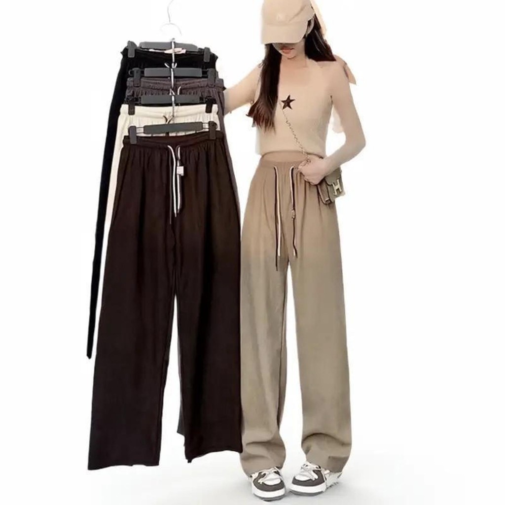 (k-06) กางเกงเอวสูง ผ้าลูกฟูก แต่งเชือกรูดด้านหน้า เอวยืด ผู้หญิง Clothing