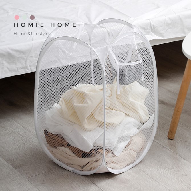 HH-1106 ตะกร้าใส่ผ้า เนื้อตาข่าย พับเก็บได้ ขนาดเล็ก พกพาได้ สีขาว
