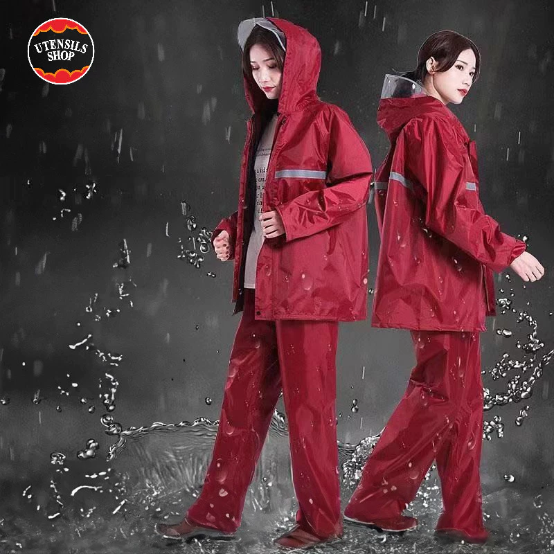 UTENSILS ชุดกันฝน 2 ชิ้น สีดำ/แดง แถบสะท้อนแสง ฮู้ดติด