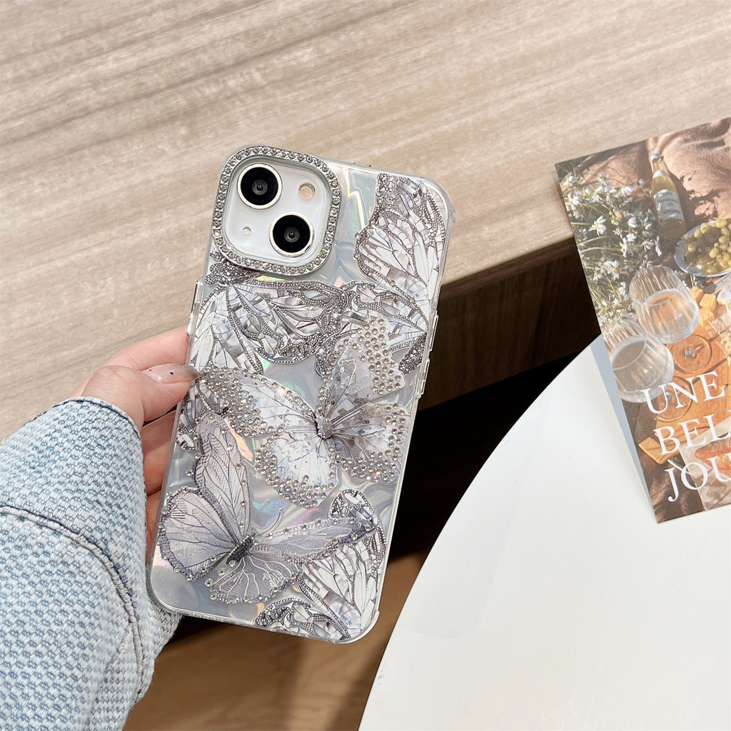 Casing Silver Butterfly Diamond with phone Bracelet Chain Compatible for iPhone 13 14 15 PRO MAX Protection Case Full coverage Transparent Anti-drop Shockproof Hard Shell